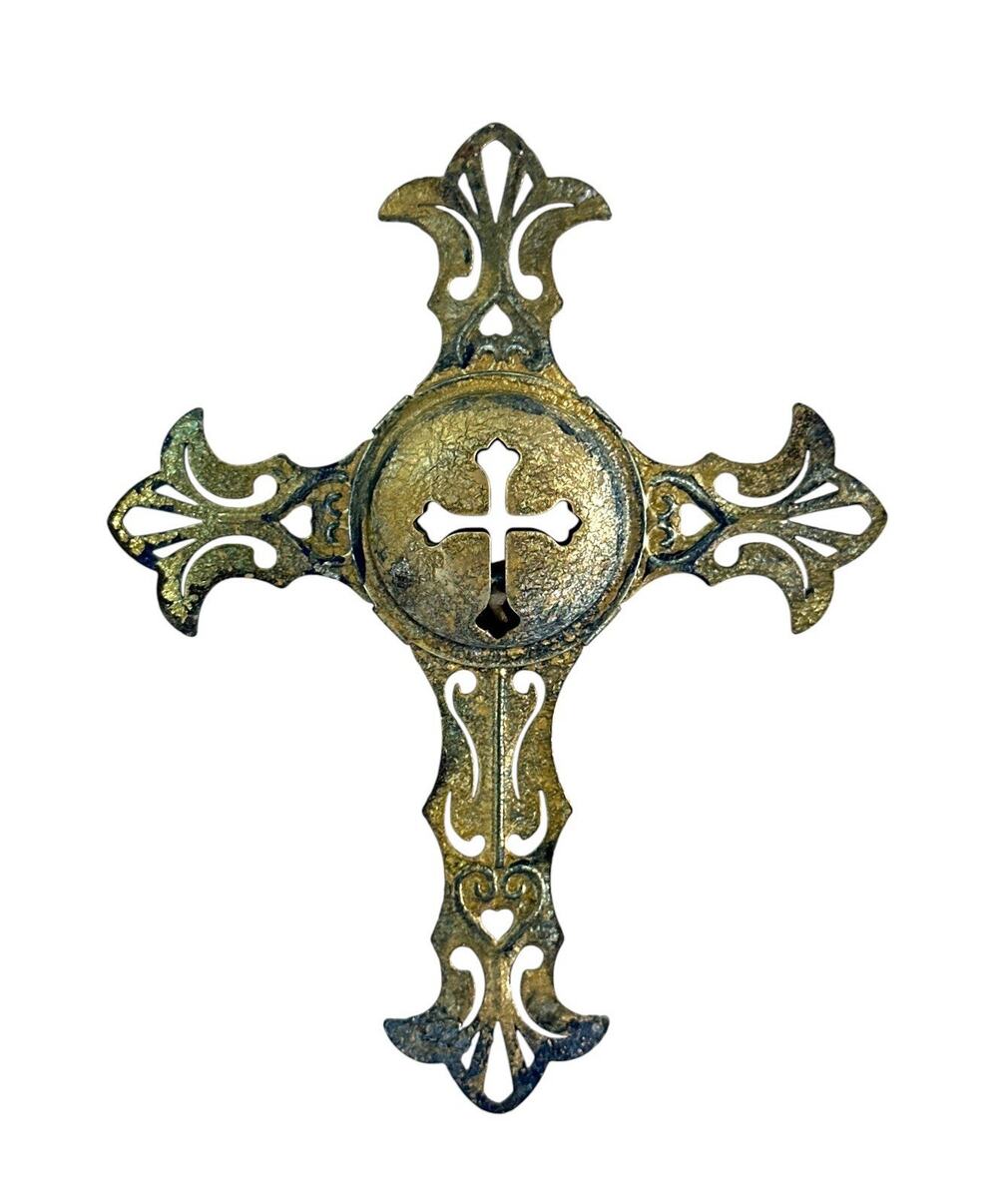 Vintage Ornate Metal Cross Wall Hanging 5” Bell Chime Religious Decor